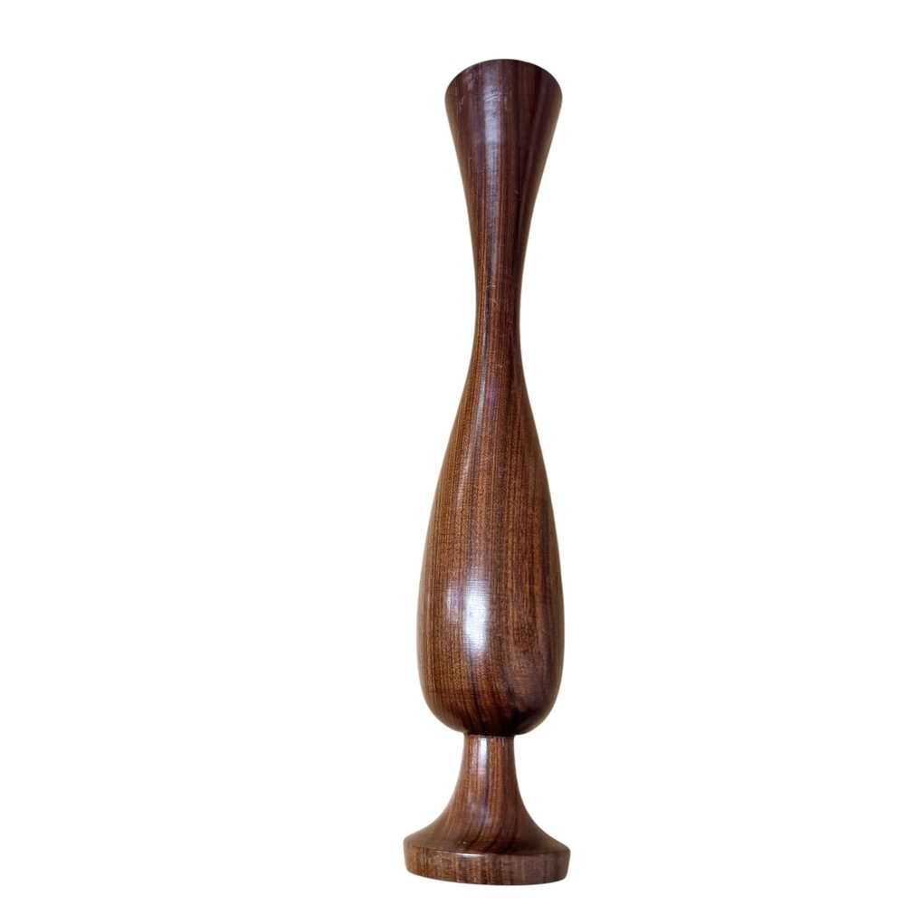 Vintage Mid Century Modern Hand Turned Wood Bud Vase Sculptural Tapered 10 Inch